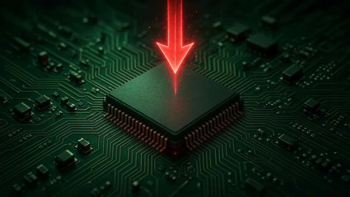Illustration of a stylized microchip on a circuit board with a red downward arrow glowing above it