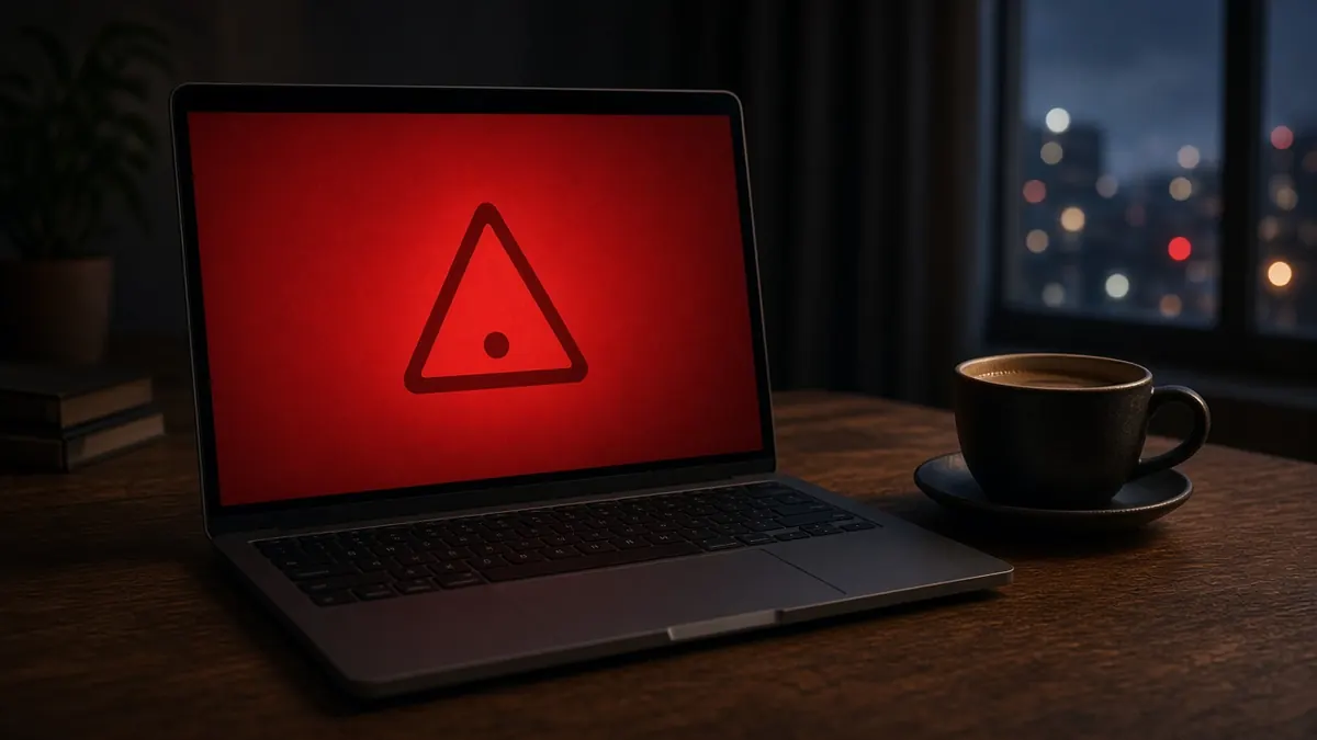 Illustration of a laptop on a desk showing a blank error screen next to a cup of coffee
