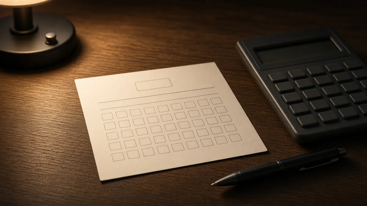 Illustration of a blank lottery slip on a wooden table beside a calculator and a pen under warm lamp light