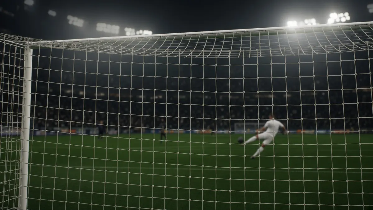 Illustration of a player striking a volley from outside the penalty area, seen from behind the goal