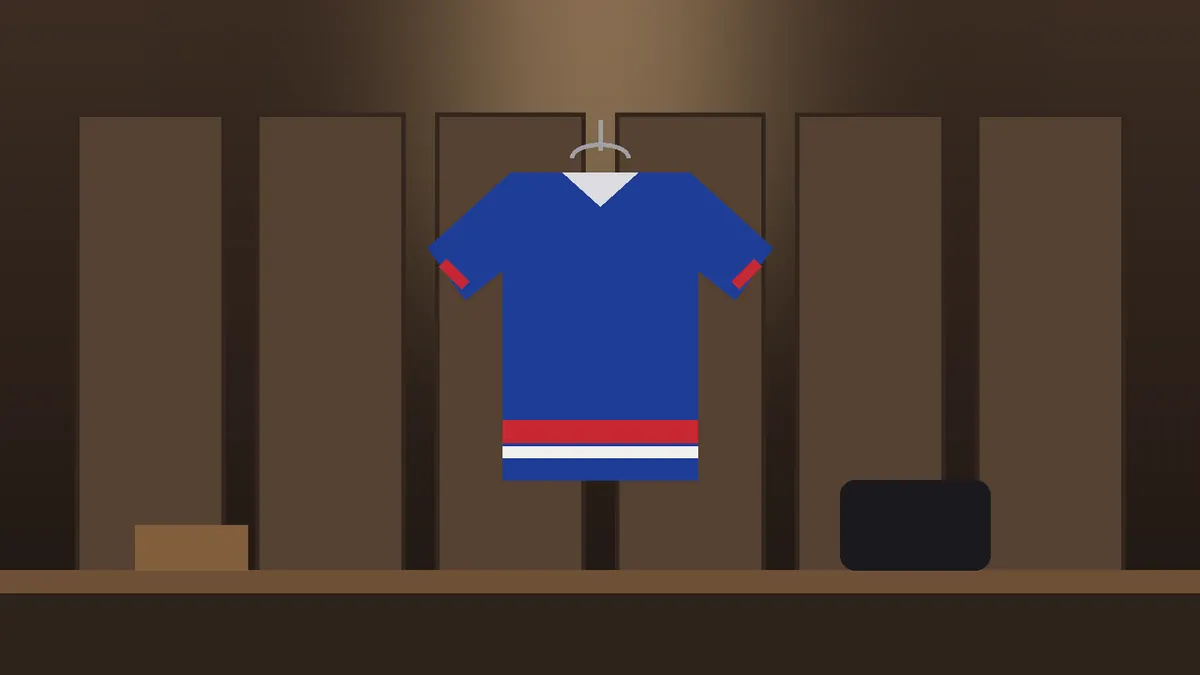 Illustration of a vintage hockey jersey hanging in a quiet locker room under warm light