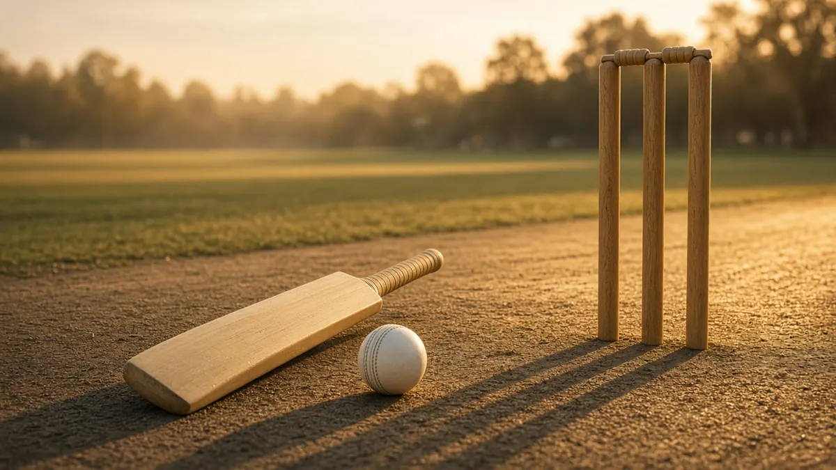 Illustration of a cricket bat and ball resting on a sunlit pitch beside the stumps after a long day of play