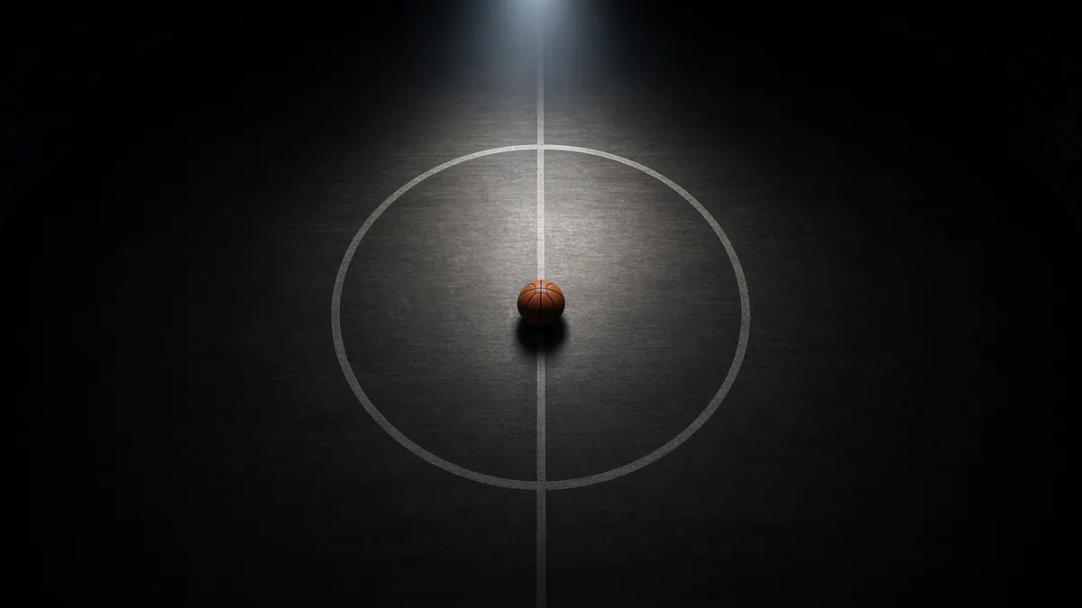 Illustration of an empty basketball court at center circle, lit by a single spotlight from above
