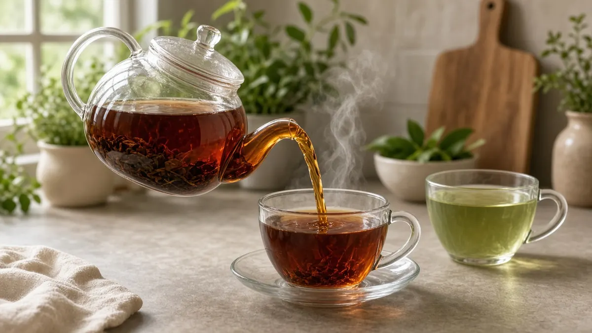 Illustration of a teapot pouring amber tea into a glass cup next to a cup of green tea, with gentle steam rising