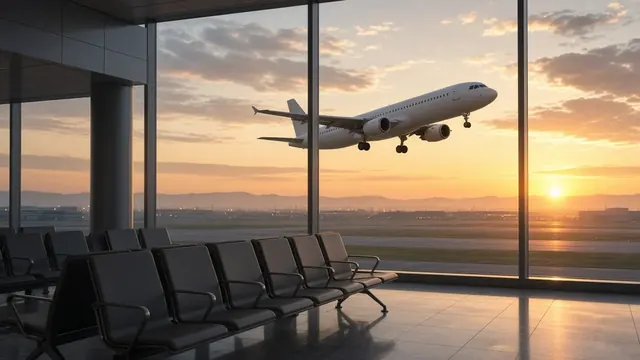 Illustration of a passenger jet taking off over a quiet airport at sunrise, with an empty departures area in the foreground