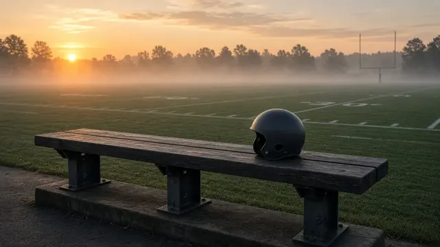 Illustration of an empty football practice field at sunrise with a single plain helmet on the bench and mist over the grass