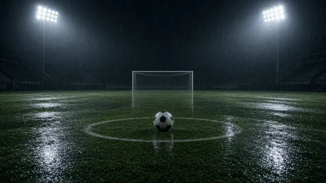 Illustration of a rain-slicked soccer pitch at night under stadium floodlights with a ball resting near the penalty spot