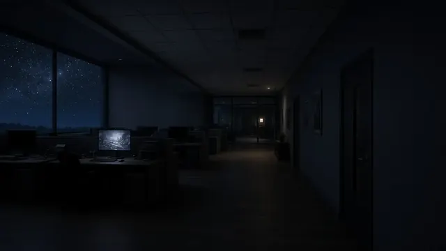 Illustration of a dim game studio hallway with a single lit monitor and a starfield glowing through a window