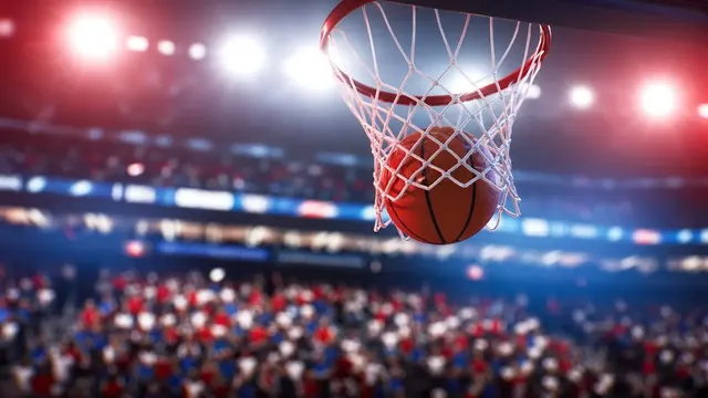 Illustration of a basketball arena in red, white and blue tones with a ball dropping through the net under bright lights