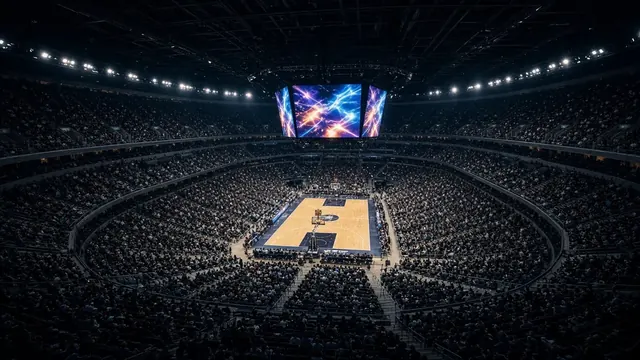 Illustration of a packed basketball arena from the upper deck, with a bright court and a scoreboard glow without any readable numbers