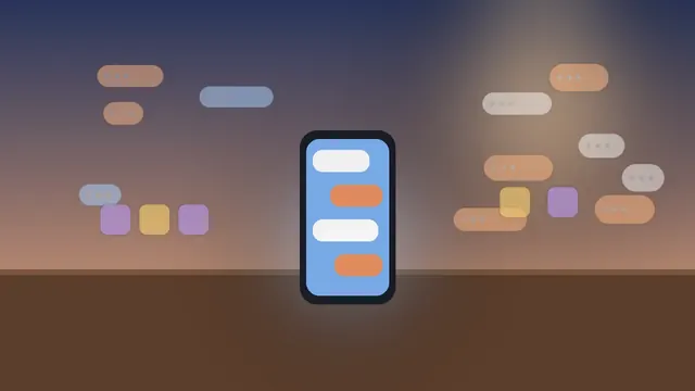 Illustration of a glowing smartphone on a desk surrounded by floating abstract message bubbles and app tiles at dawn