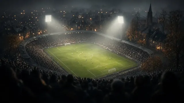 Illustration of a small, packed soccer stadium glowing under floodlights on a European night