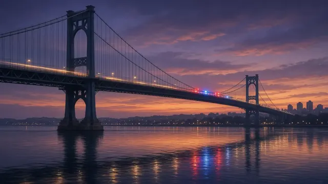 Illustration of a large steel suspension bridge at dusk with blurred car headlights and flashing emergency lights in the distance