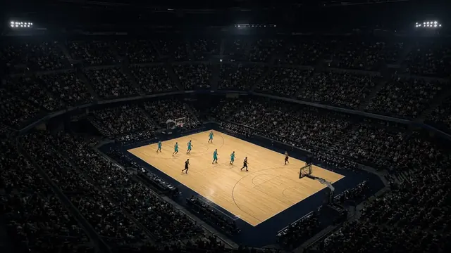 Illustration of a basketball arena from the upper deck with players in plain unmarked uniforms during a fast break