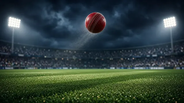 Illustration of a cricket ball flying high over a floodlit oval at night with dew glistening on the grass