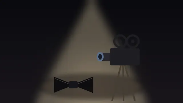 Illustration of a black bow tie and a vintage film camera on a dark studio floor under a single spotlight