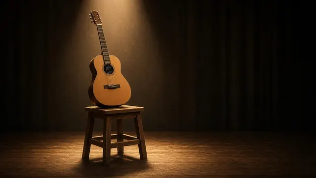 Illustration of an acoustic guitar resting on a wooden stool on an empty stage under a single warm spotlight