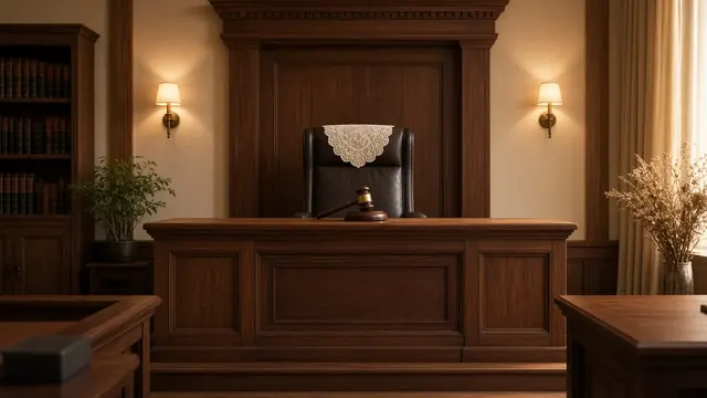 Illustration of an empty courtroom bench with a wooden gavel and a lace collar draped over a chair, lit by warm light