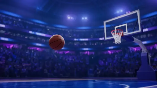Illustration of a modern basketball arena bowl glowing blue and purple, with a basketball mid-flight toward the hoop
