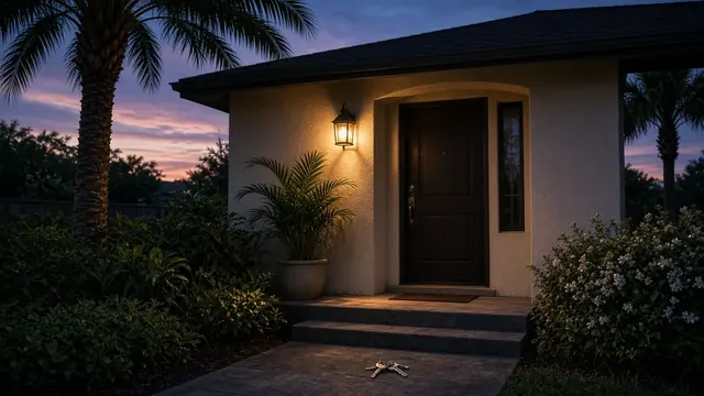 Illustration of a quiet single-story Florida house at dusk with palm trees, a closed front door and a ring of keys on the doorstep