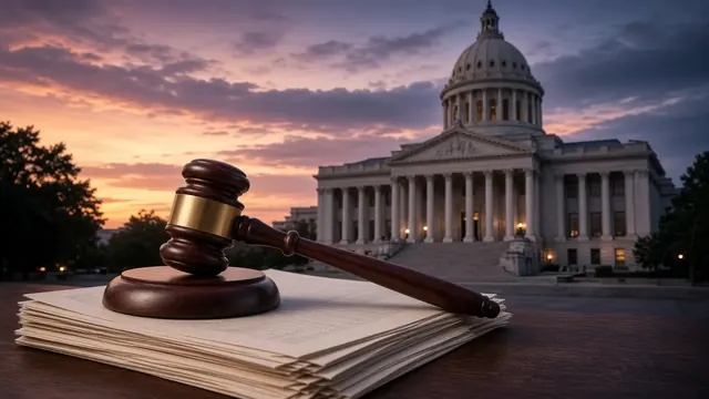 Illustration of a stately state capitol building with white columns at dusk, a federal courthouse gavel resting on a stack of documents in the foreground