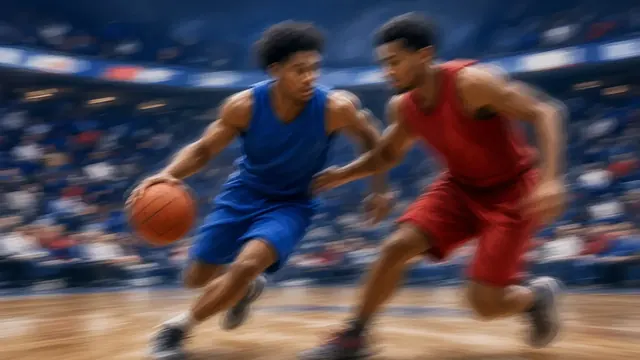 Illustration of a young forward driving to the basket past a defender, generic blue and red uniforms, motion blur