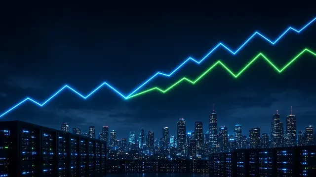 Illustration of a glowing stock chart line splitting into two parallel paths over a dark city skyline with data center lights