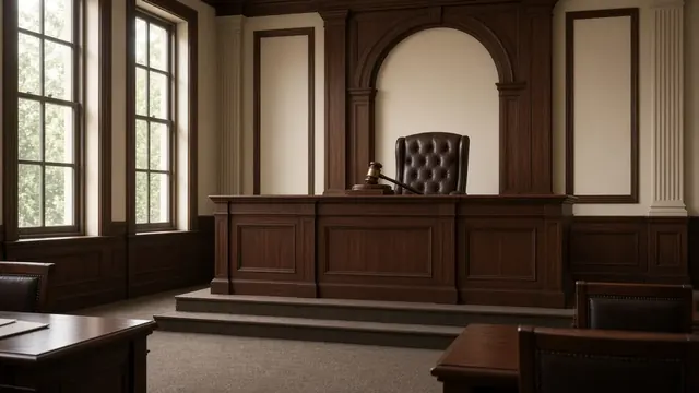 Illustration of an empty federal courtroom with a wooden judge's bench, an unoccupied leather chair and a gavel under soft window light