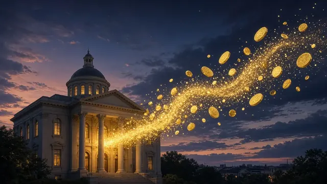 Illustration of a city hall building at dusk with a glowing stream of digital coins flowing away from it into a dark sky