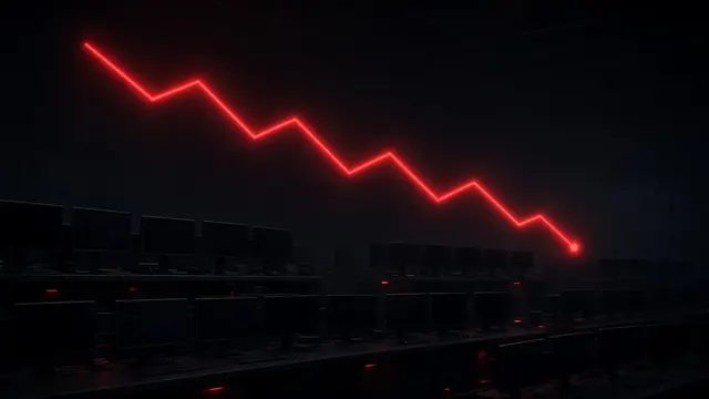 Illustration of a downward-sloping glowing red chart line over a dark trading floor with rows of blank screens