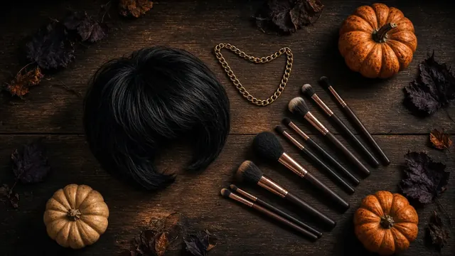 Illustration of a Halloween costume flat lay with a black bob wig, a sparkly chain necklace and makeup brushes