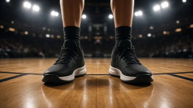 Illustration of a basketball player's sneakers planted at center court, seen from low angle, with arena lights glowing in the background