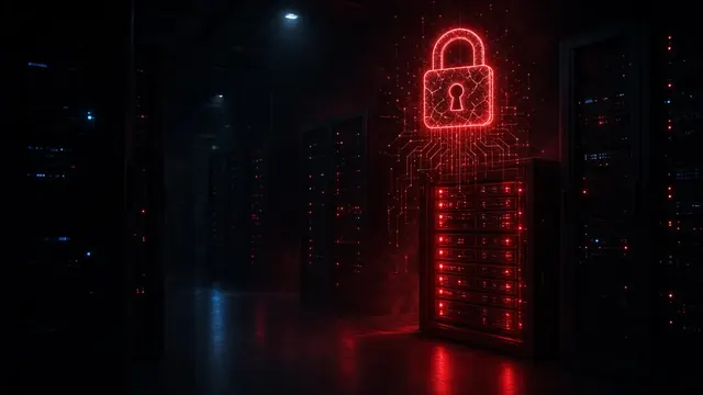Illustration of a dim server room with one rack glowing red and a cracked padlock icon floating above glowing circuit lines