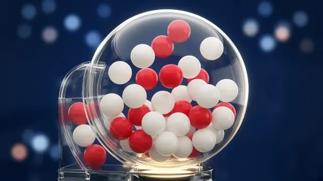 Illustration of blank white and red lottery balls inside a clear drawing machine against a dark blue background