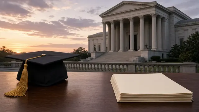 Illustration of a courthouse with columns at dawn beside an open graduation cap and a stack of paper forms on a desk