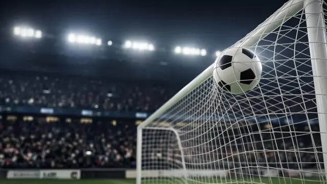 Illustration of a soccer ball hitting the top corner of a net under floodlights in a huge packed stadium