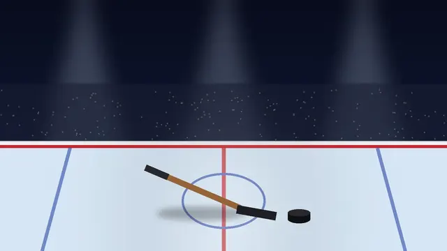 Illustration of an empty hockey rink at night with a lone stick and puck resting on the ice under soft arena lights