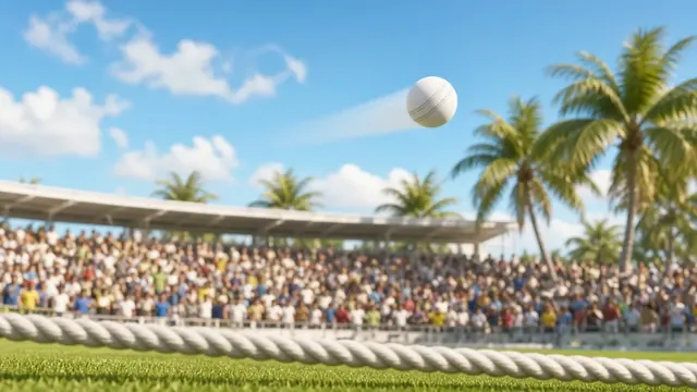 Illustration of a cricket ball soaring over a sunlit stadium boundary rope as a packed crowd watches