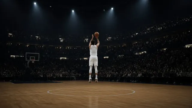 Illustration of a guard pulling up for a long three-pointer from near center court in a dim, roaring arena