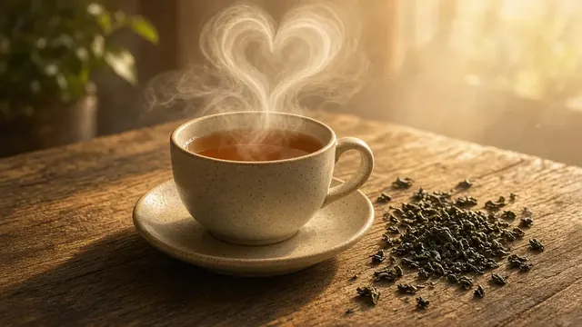 Illustration of a steaming cup of tea on a wooden table beside loose tea leaves, with a soft heart-shaped glow in the steam
