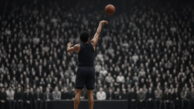 Illustration of a guard rising for a deep three-pointer in a packed arena, generic dark and white uniforms