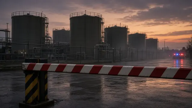 Illustration of an industrial tank yard at dusk behind a closed road barrier, with a faint haze in the air and emergency lights in the distance