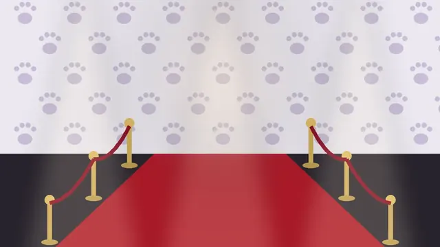 Illustration of an empty red carpet event entrance with velvet ropes, soft spotlights and a paw-print pattern on the backdrop