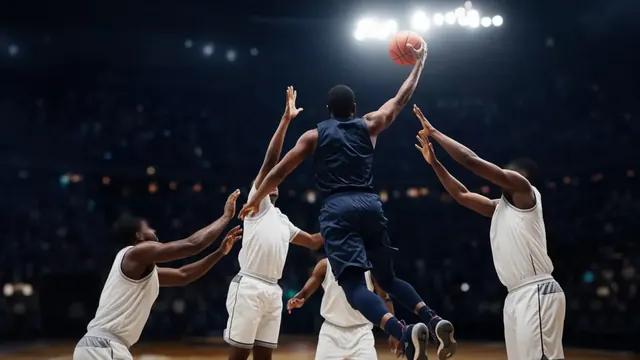 Illustration of a point guard gliding in for a layup past outstretched arms, generic navy and gold uniforms