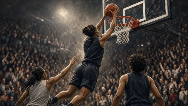 Illustration of a women's basketball player grabbing a rebound above a crowd in a loud arena, generic uniforms