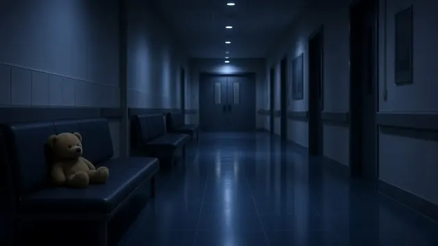 Illustration of an empty hospital corridor at night with soft blue light, closed double doors and a small stuffed toy resting on a bench