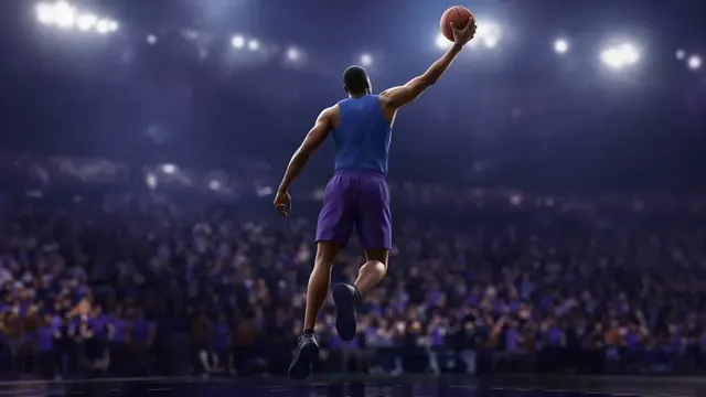 Illustration of a towering center rising for a dunk under bright arena lights, with generic purple and blue uniforms