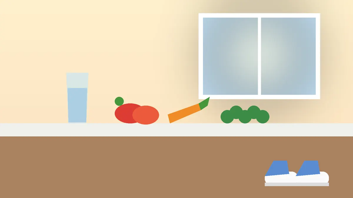 Illustration of a sunny kitchen counter with a glass of water, fresh vegetables and a pair of sneakers by the door