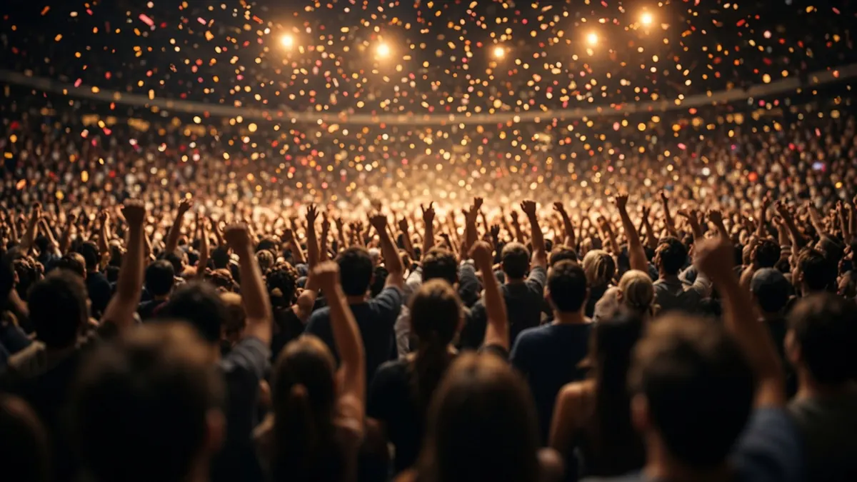Illustration of a basketball arena crowd on its feet with arms raised under bright lights, no readable signs