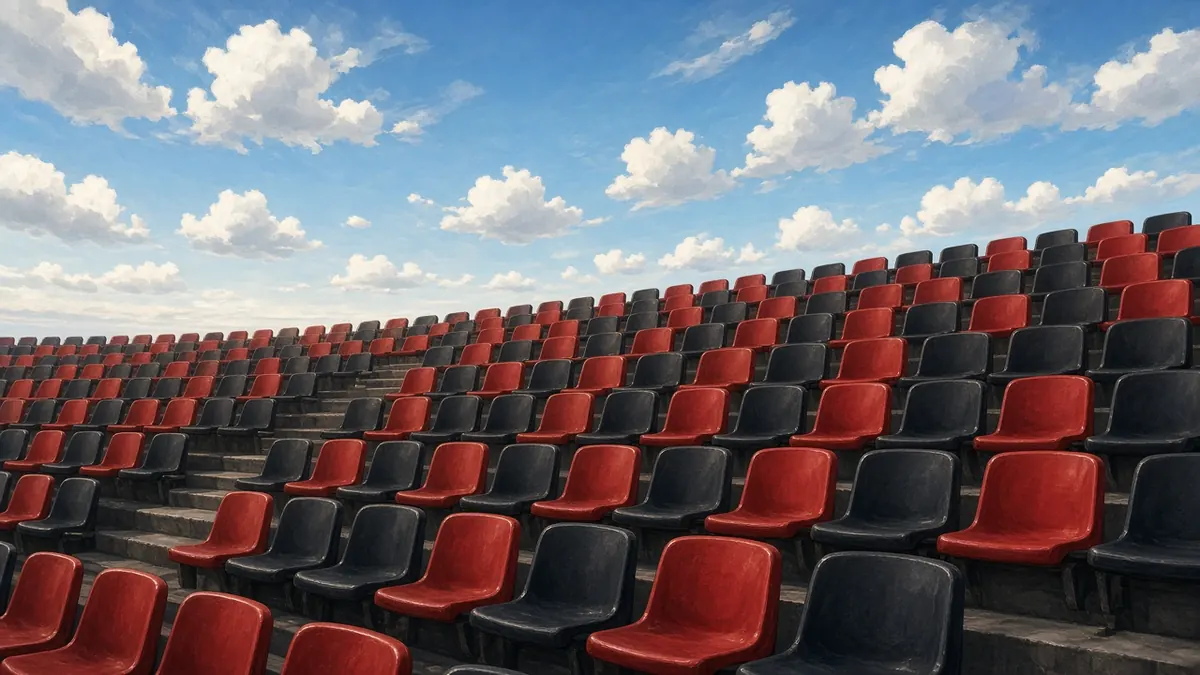 Illustration of rows of empty red and black stadium seats under a bright afternoon sky